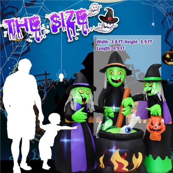 5.9 FT Halloween Decor Inflatable Three Witch Around Cauldron with LED Flashing - Picture 4 of 7